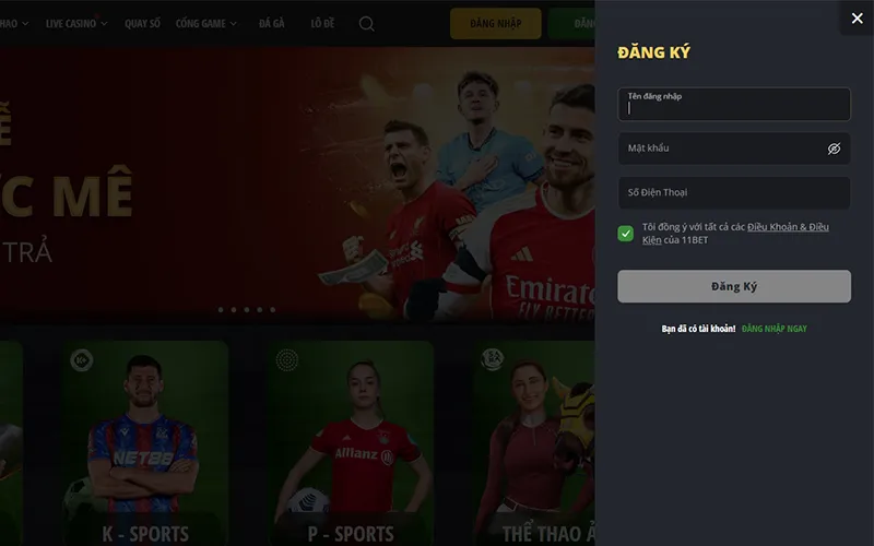 Đăng ký tài khoản tại 11BET dễ dàng chỉ với vài bước đơn giảnForm đăng ký tài khoản 11BET